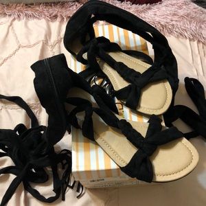 Black suede strap up leg sandals